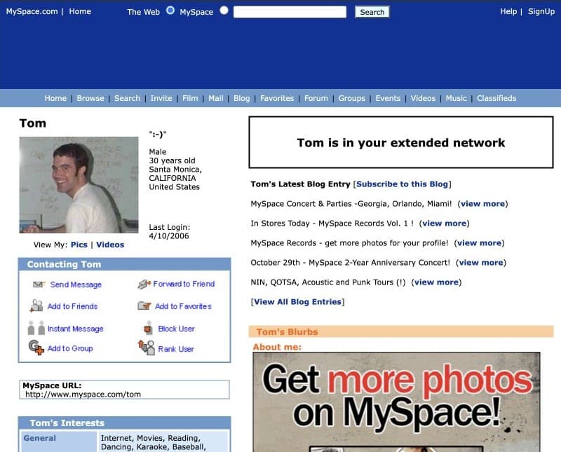 MySpace · il profilo di Tom