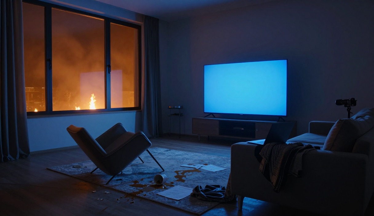 Salotto di notte con un televisore acceso e una poltrona rovesciata.