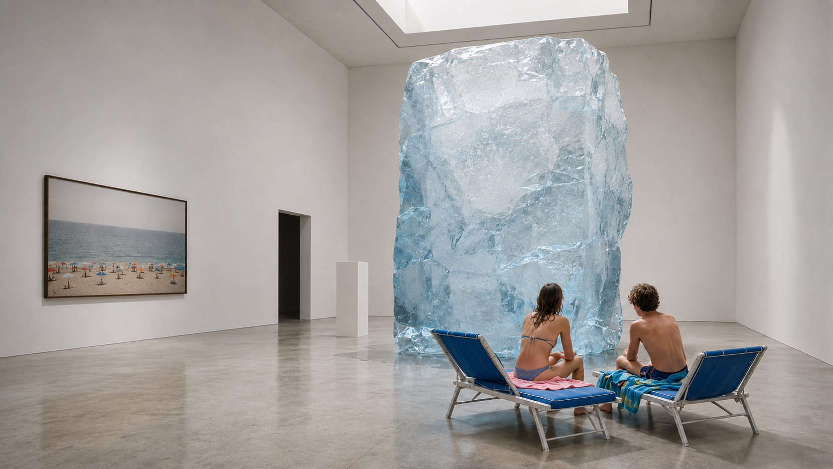 La fotografia concettuale KANSEI: due giovani adulti sulle sedute blu, davanti al ghiaccio nel museo.