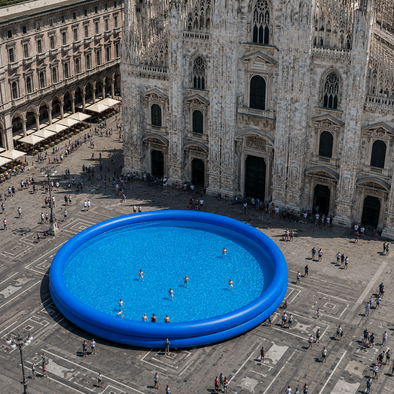 Scena concettuale: una grande piscina gonfiabile occupa Piazza Duomo a Milano.