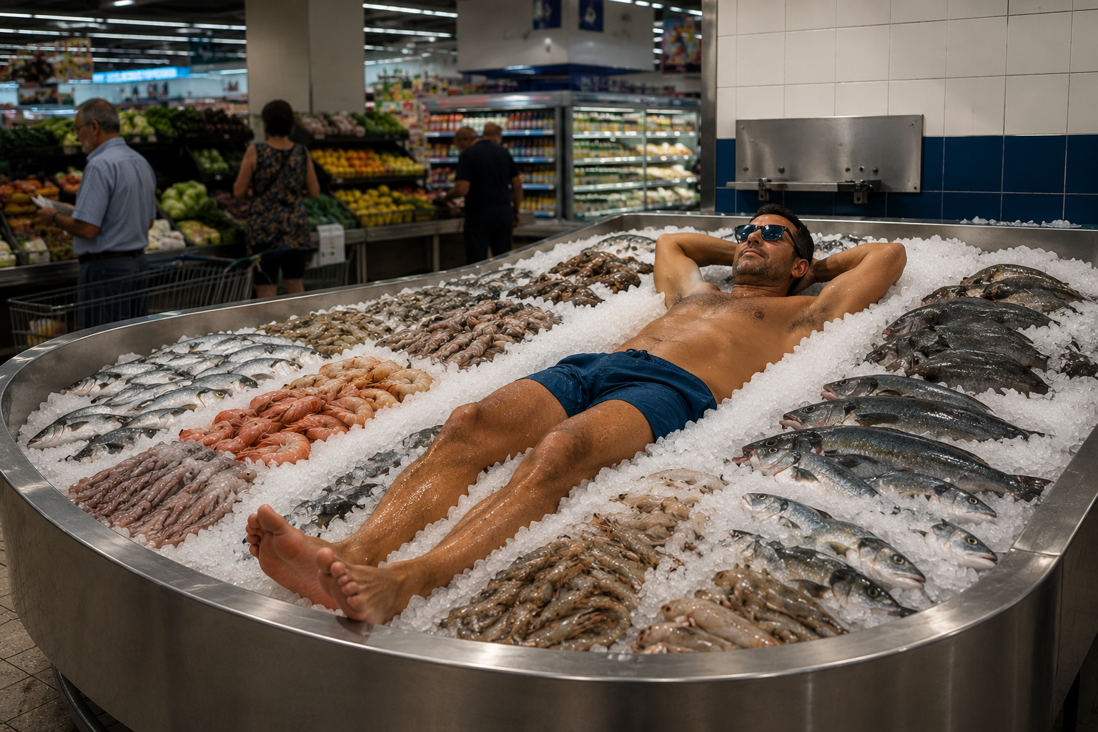 Scena concettuale: un uomo in costume si ripara nel banco refrigerato di un supermercato.